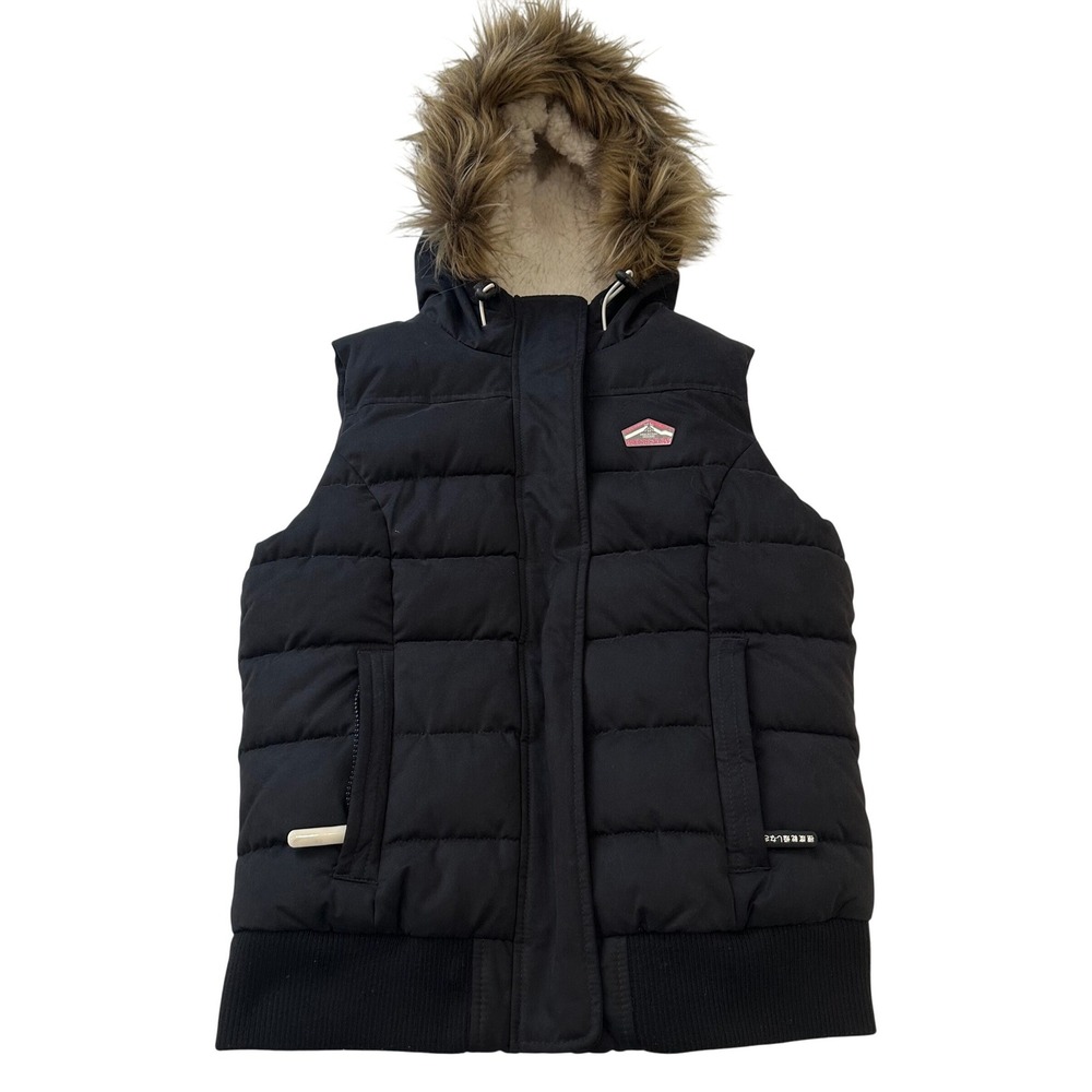 Superdry Hooded Gilet Womens S Black Faux Fur Winter Puffer Vest Gorpcore Ski